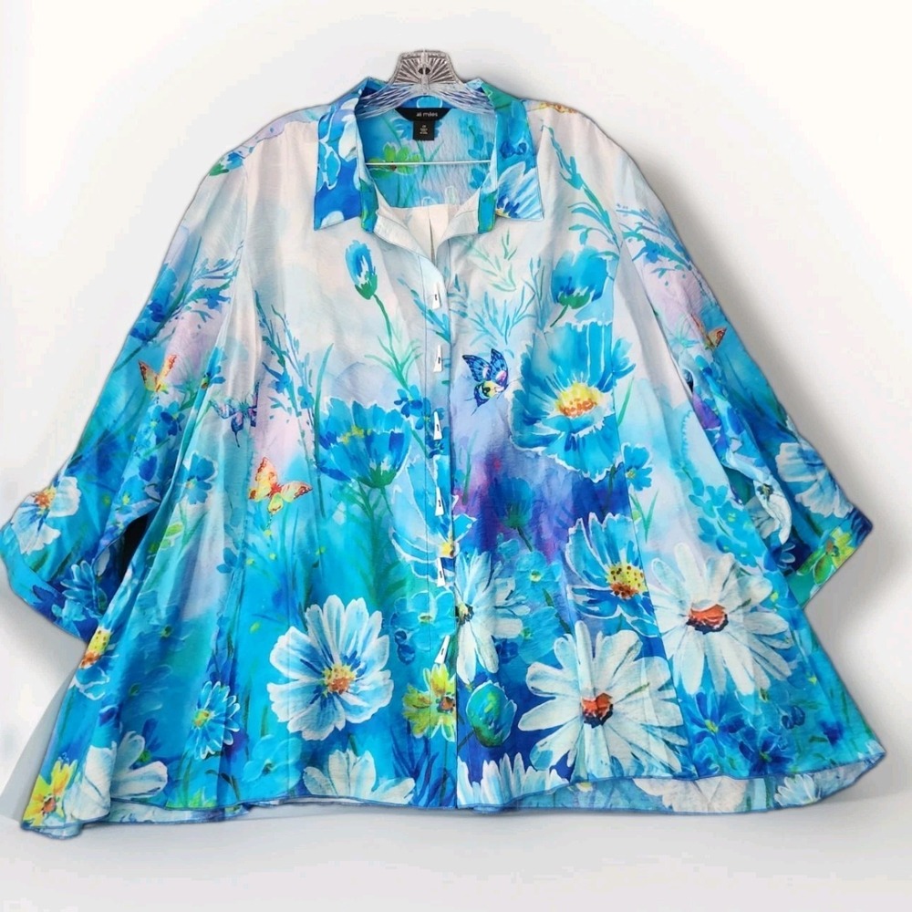 NWT Ali Miles Blue Floral Butterfly Print Button‎ Up Tunic Top Women's Flowy 2X